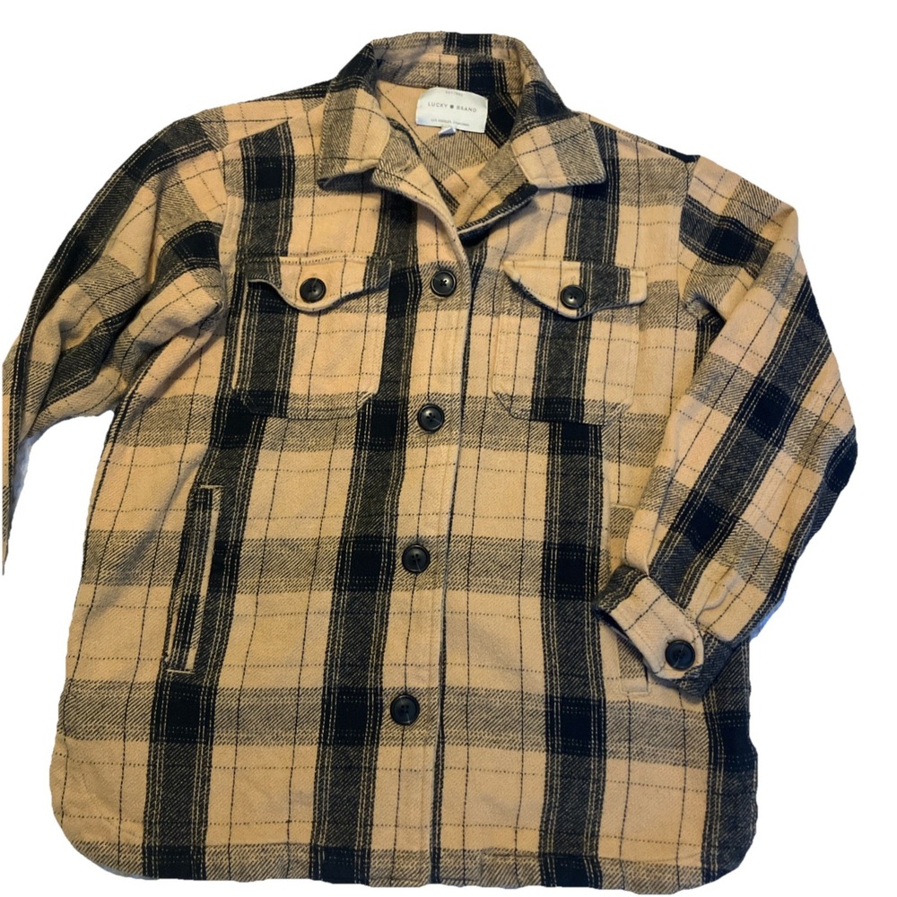 Lucky Brand Mens Shacket Size XS‎ Black Tan Plaid Long Sleeve Button Flannel